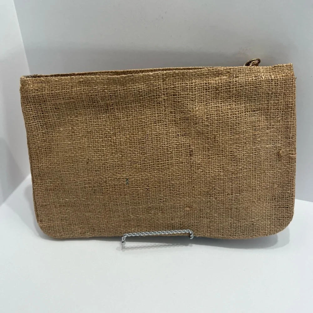 Vintage burlap / Jute zippered clutch with genuine leather trim & original tag.